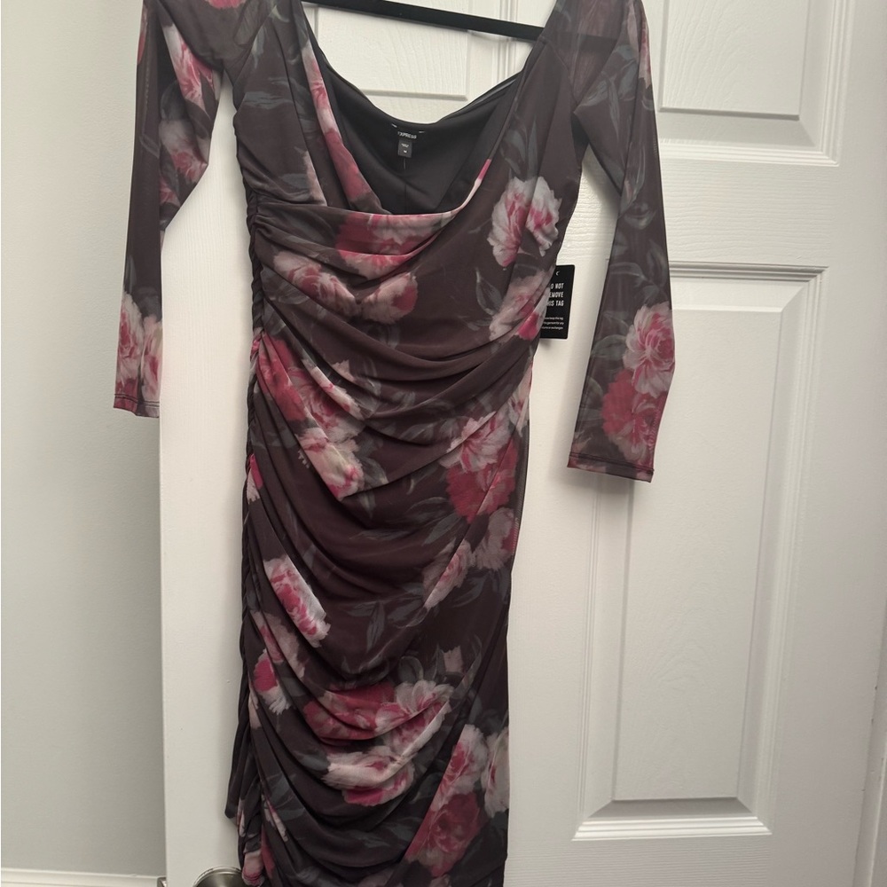 Elegant Floral Long Sleeve Dress - Black and Pink